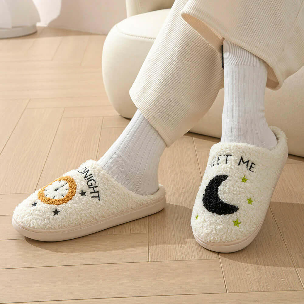 Moon and Clock Print Slipper Winter Warm Home Shoes Cute Bedroom Slippers