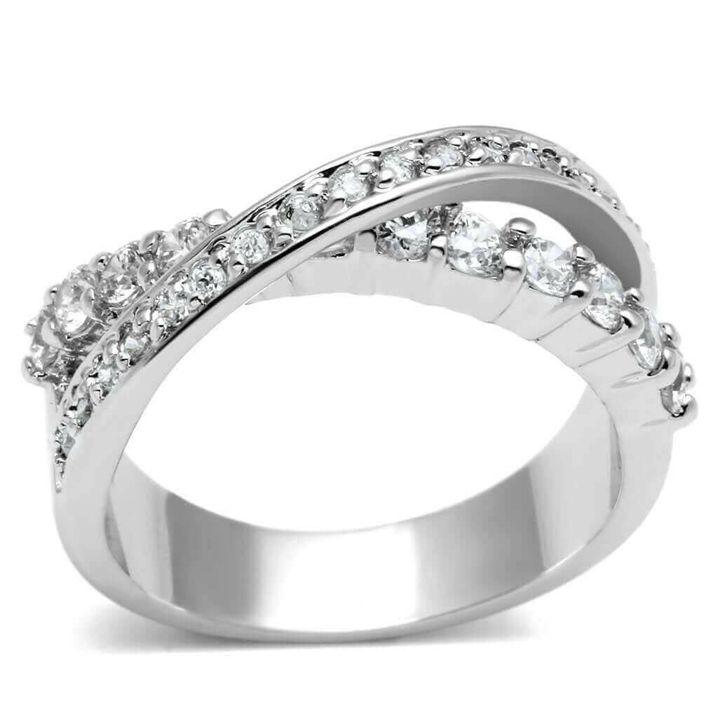 3W274 - Rhodium Brass Ring with AAA Grade CZ  in Clear.