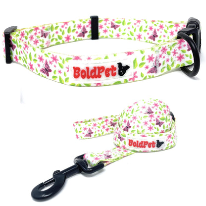 BOLDPET Floral &amp; Butterfly Dog Collar and Leash Set - Small