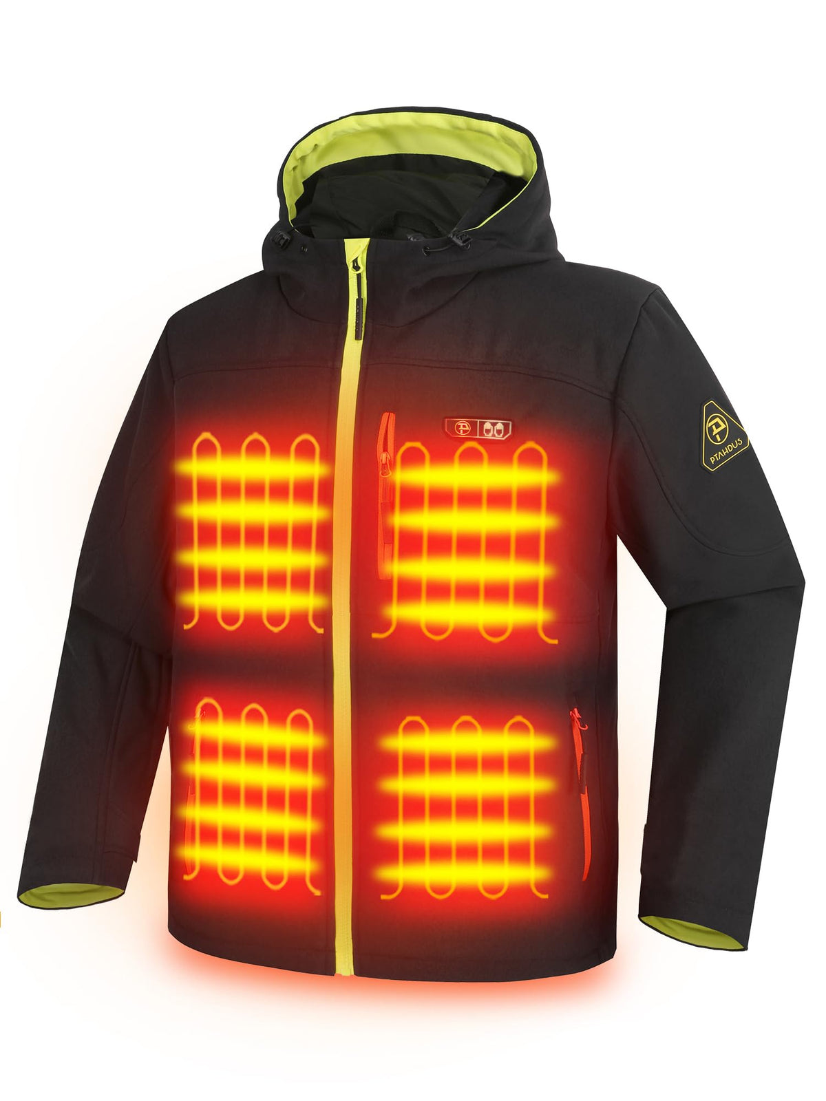 PTAHDUS Mens Heated Jackets 5 Heat Zones Battery Pack Included with Hand Warmer Pocket(Black/Yellow X-Large)