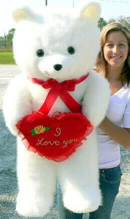 American Made Giant White Teddy Bear Holding I Love You Heart Pillow.