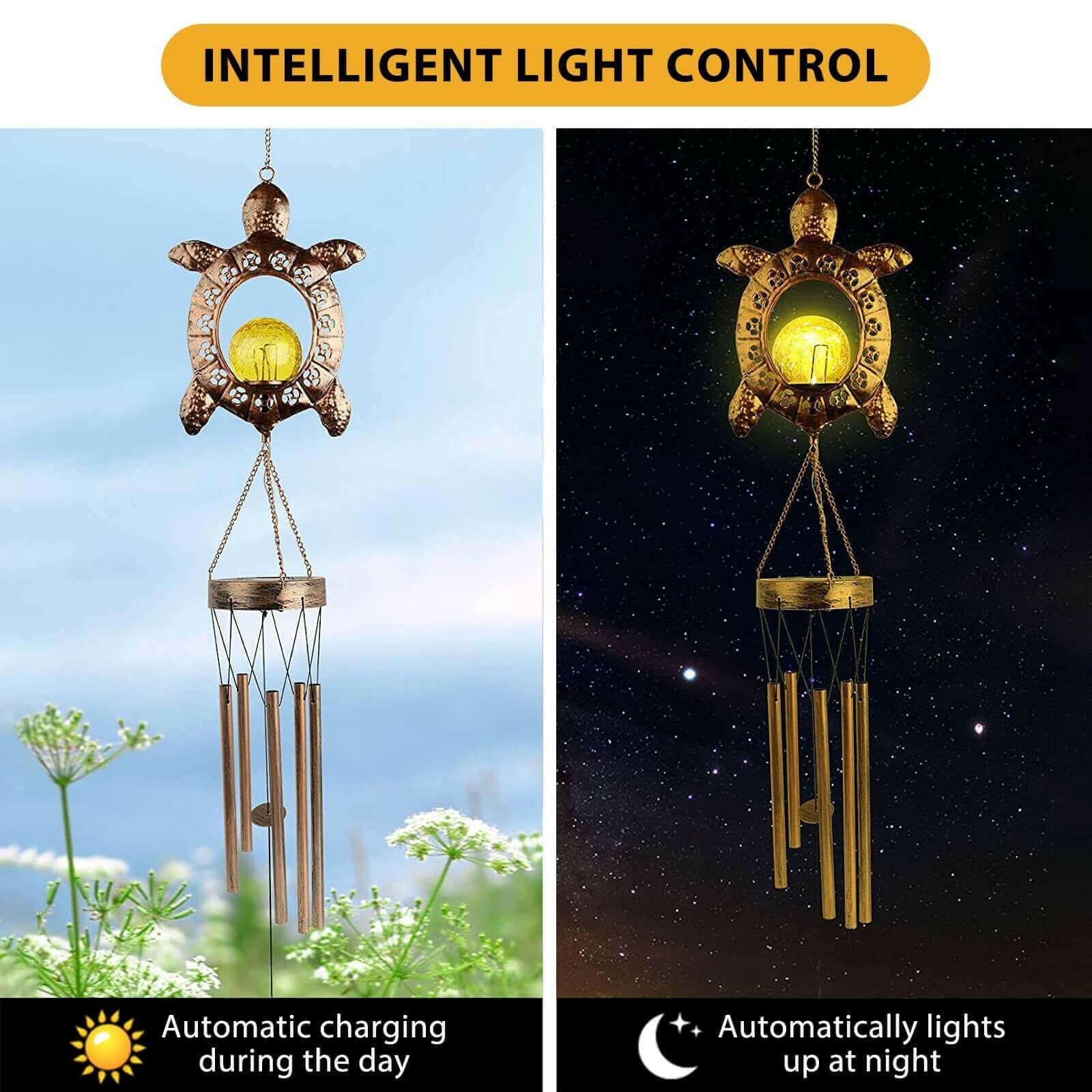 Solar Turtle Wind Chime Light with Crackle Glass Ball Outdoor Decor.