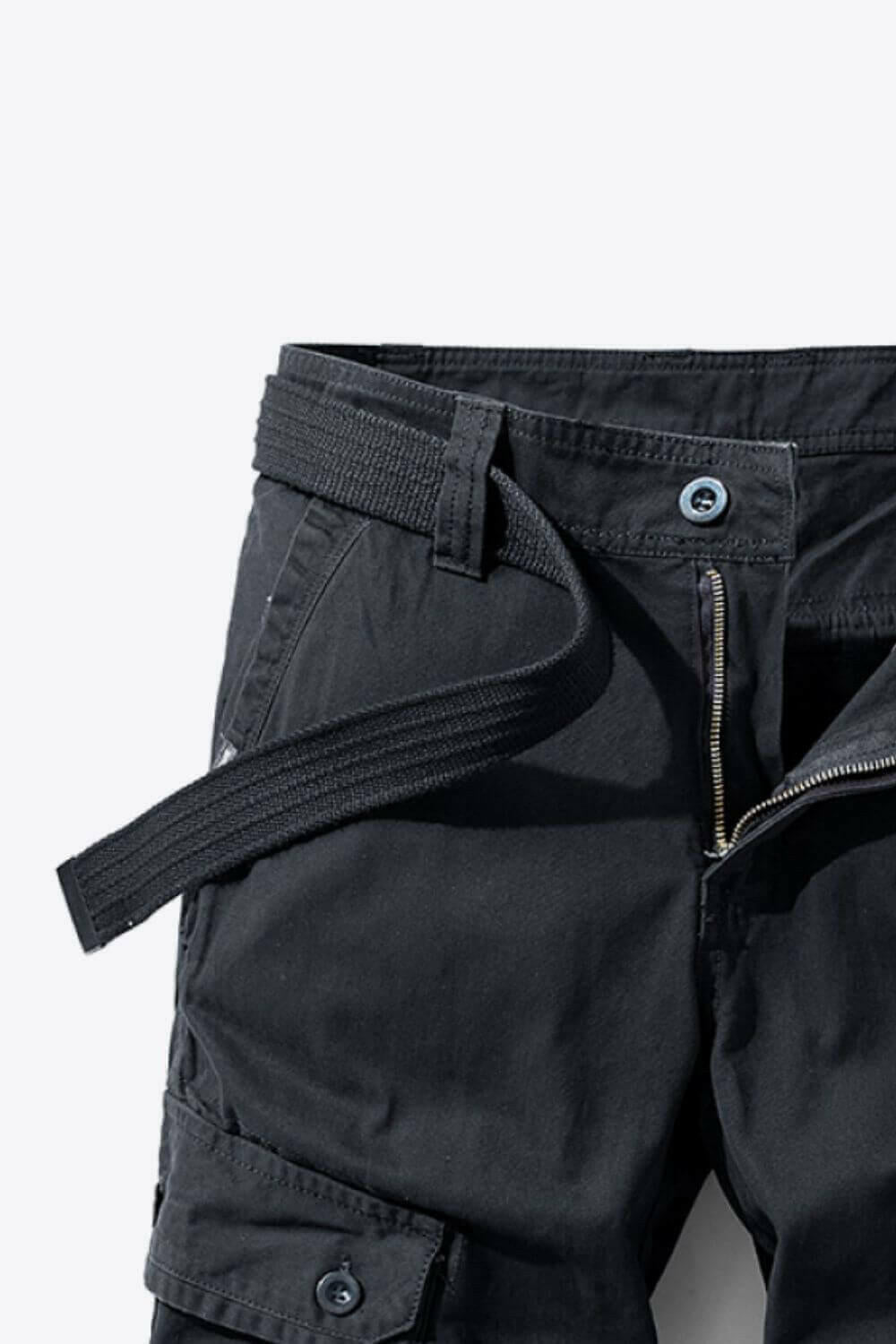 Button and Zip Closure Belted Cargo Shorts.