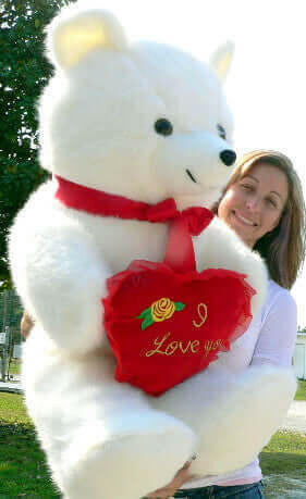 American Made Giant White Teddy Bear Holding I Love You Heart Pillow.