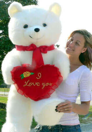 American Made Giant White Teddy Bear Holding I Love You Heart Pillow.