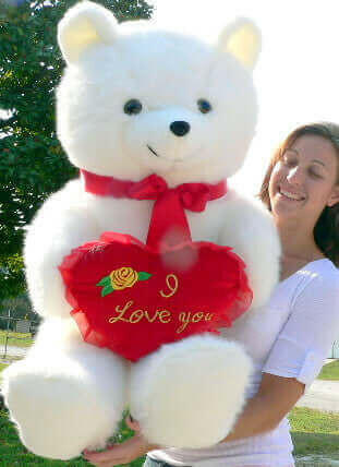 American Made Giant White Teddy Bear Holding I Love You Heart Pillow.