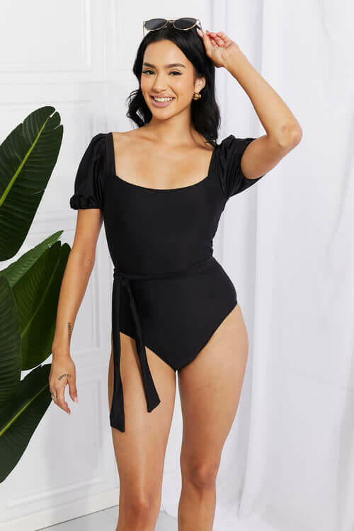 Marina West Swim Salty Air Puff Sleeve One-Piece in Black.