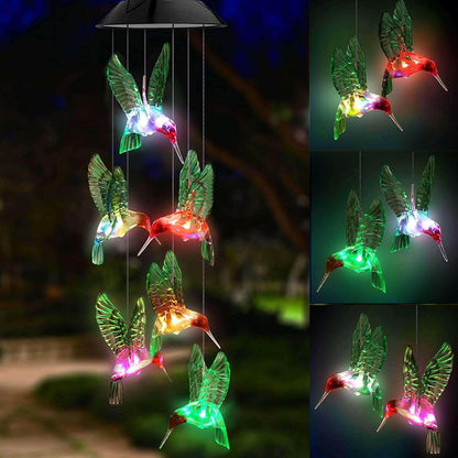 Outdoor solar wind chime light Hummingbird wind chime garden light.