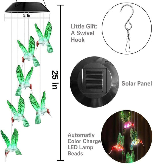 Outdoor solar wind chime light Hummingbird wind chime garden light.