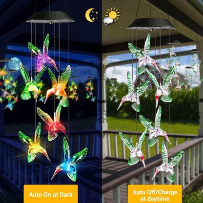 Outdoor solar wind chime light Hummingbird wind chime garden light.