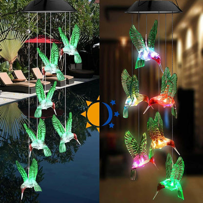 Outdoor solar wind chime light Hummingbird wind chime garden light.