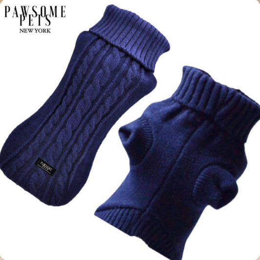 (EXTRA WARM) DOG AND CAT CABLE KNIT SWEATER - NAVY BLUE