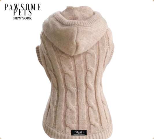 (EXTRA WARM) DOG AND CAT CABLE KNIT SWEATER WITH HAT - BEIGE