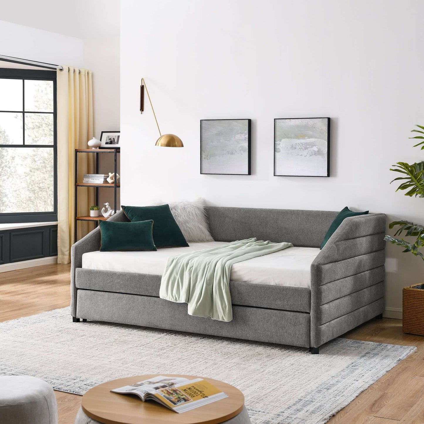 Full Size Daybed with Trundle Upholstered Tufted Sofa Bed, Linen