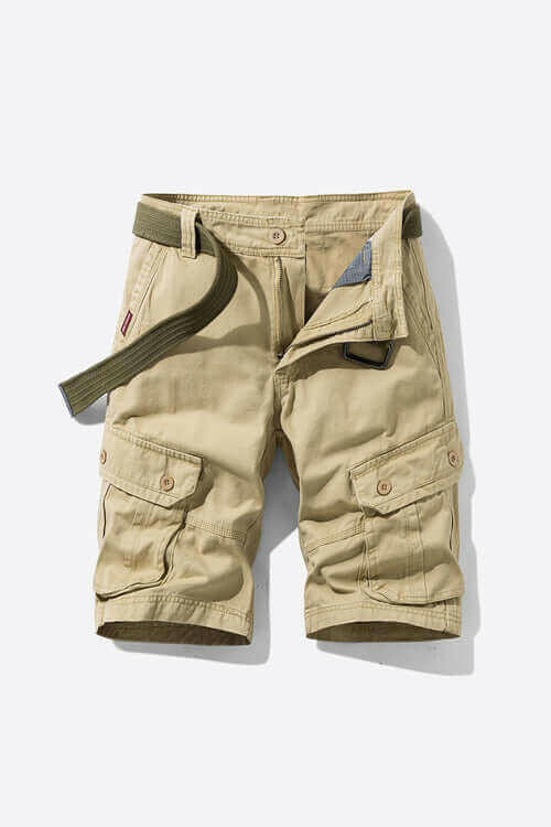 Button and Zip Closure Belted Cargo Shorts.