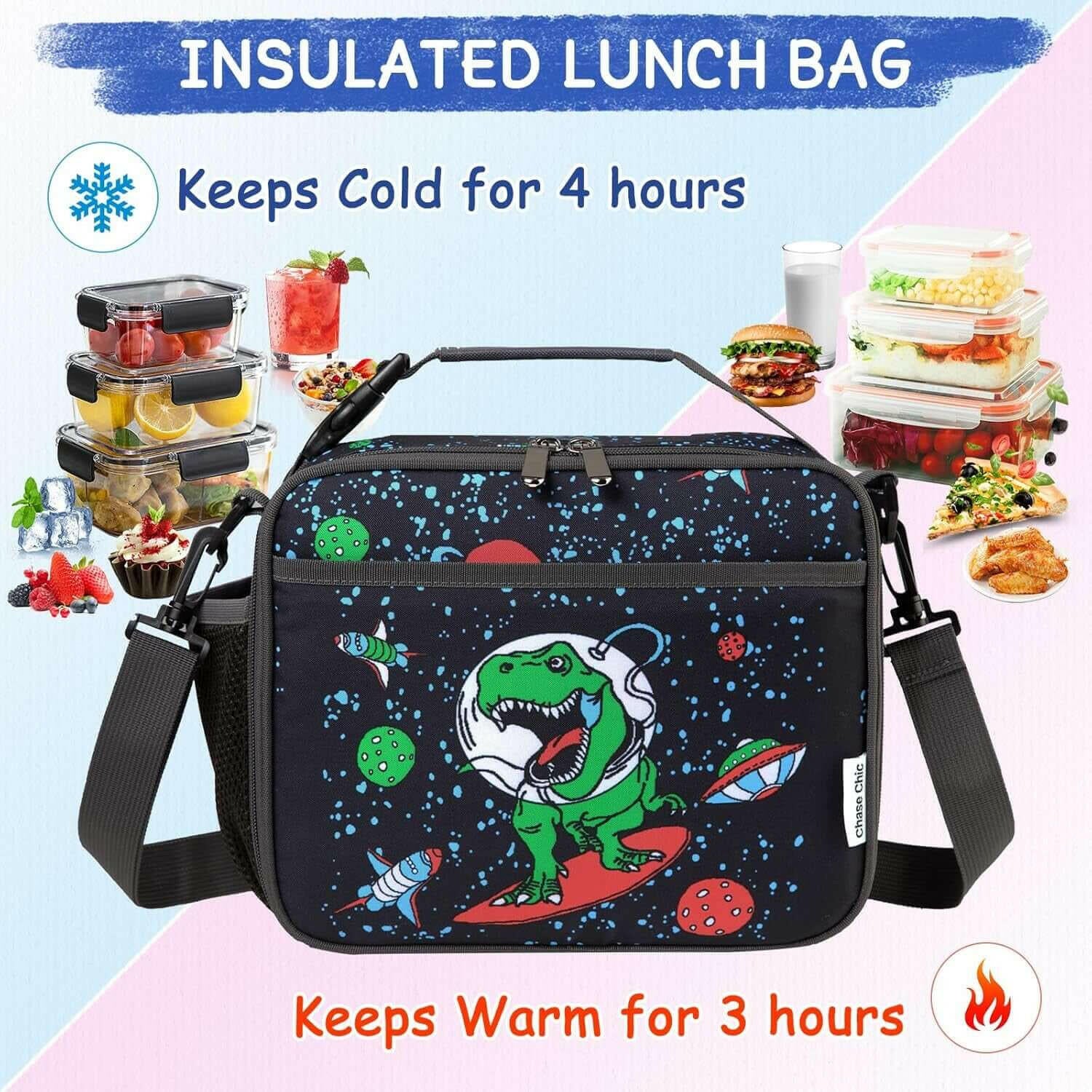 Dinosaur Lunch Bag, Kids Insulated Lunch Bag with Adjustable Clip-On Handle Kids Lunch Box for Girls Boys School Picnic Lightweight Reusable Lunch Handbag with External Bottle Holder