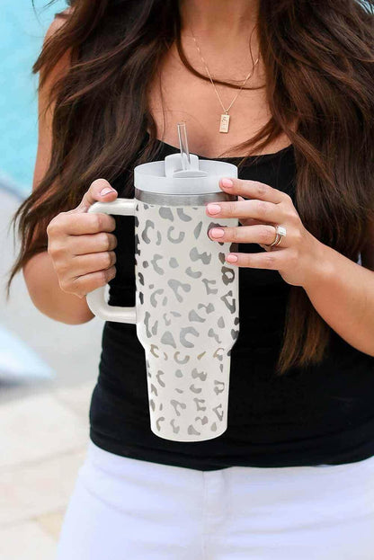 White Leopard Print 40OZ Stainless Steel Portable Cup with Handle.