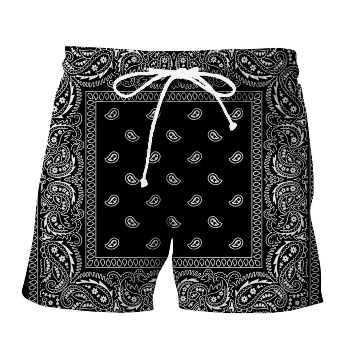 Men’s Paisley Drawstring Shorts, Black-06, 6X-Large