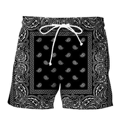 Men’s Paisley Drawstring Shorts, Black-06, 6X-Large