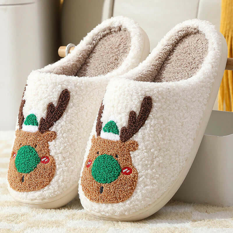 Cozy Winter Home Slippers with Elk Design - Soft, Plush Bedroom Slipper for Women, Men - Slip on House Shoes for Warmth and Comfort - Ideal Christmas Gift