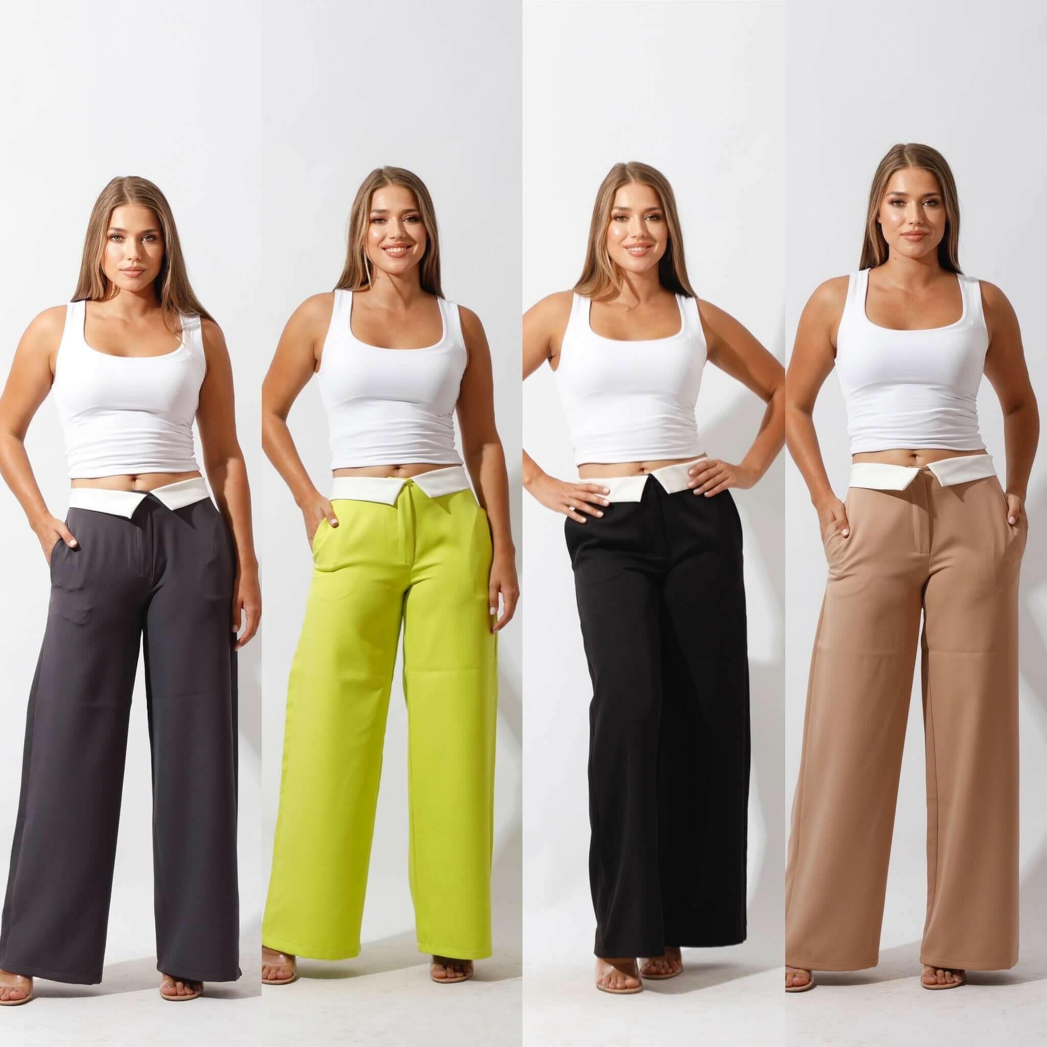 Reversed Waistband Wide Leg Pants - Beige.