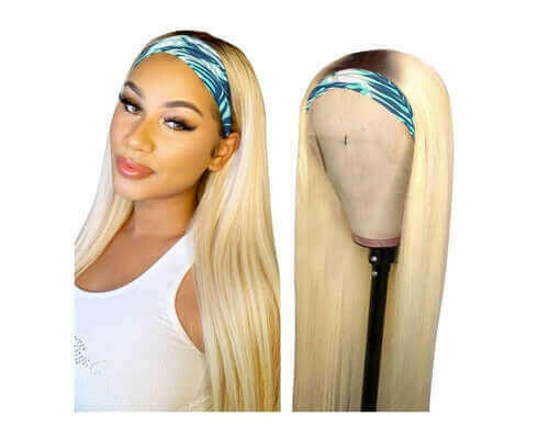 Straight 1B/613 Headband Human Hair Wigs For Black Women Blonde Scarf.