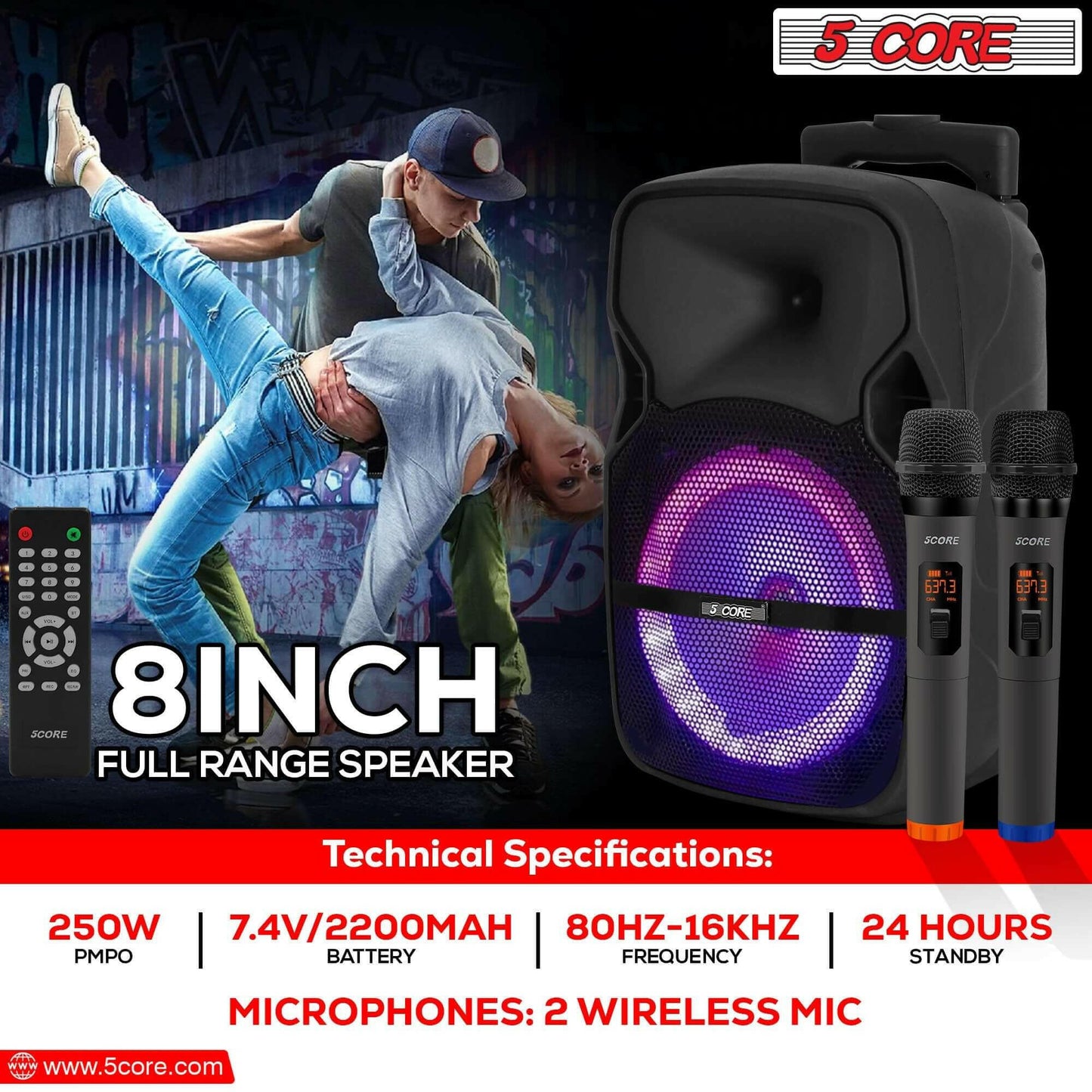 5Core Party Speaker Portable PA System 2 Wireless Mic Bluetooth Loud.