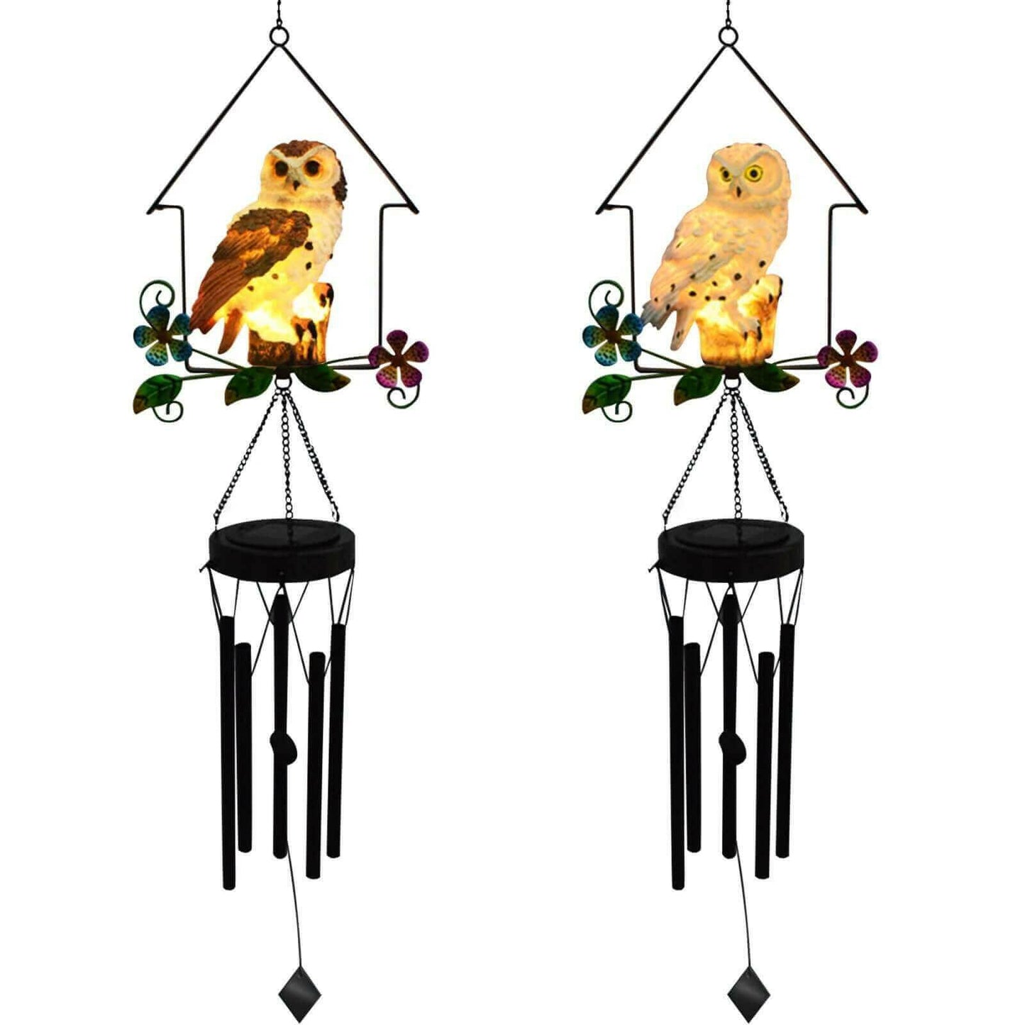 Solar Owl Wind Chime Light Outdoor LED Bird Sculpture Hanging Lamp.