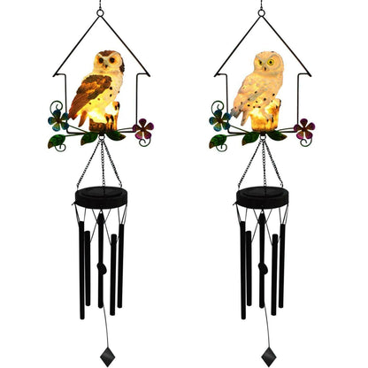 Solar Owl Wind Chime Light Outdoor LED Bird Sculpture Hanging Lamp.