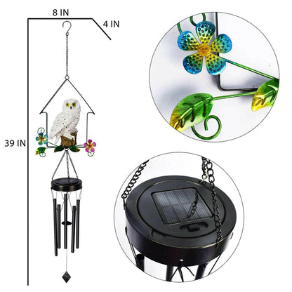 Solar Owl Wind Chime Light Outdoor LED Bird Sculpture Hanging Lamp.