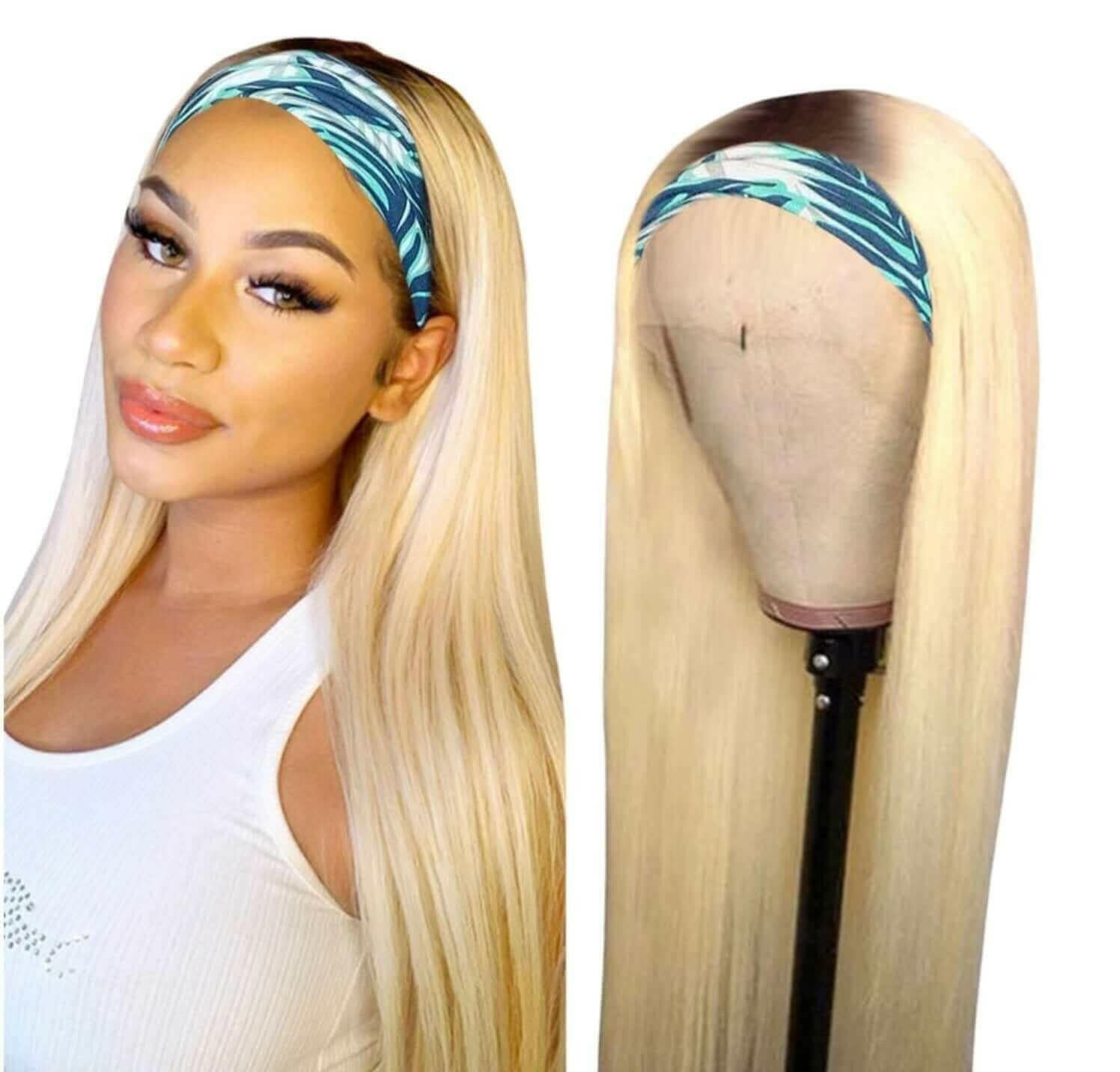 Straight 1B/613 Headband Human Hair Wigs For Black Women Blonde Scarf.