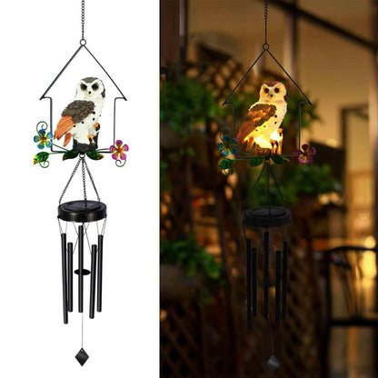 Solar Owl Wind Chime Light Outdoor LED Bird Sculpture Hanging Lamp.