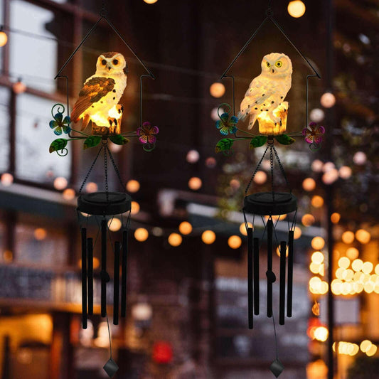 Solar Owl Wind Chime Light Outdoor LED Bird Sculpture Hanging Lamp.