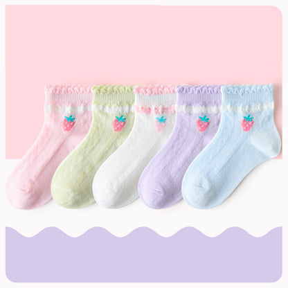 Lightweight Breathable Lace Cotton Strawberry Socks for Kids