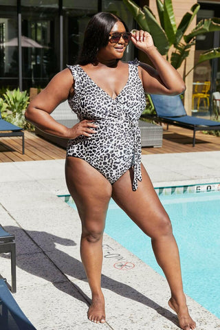 Marina West Swim Full Size Float On Ruffle Faux Wrap One-Piece in Cat.