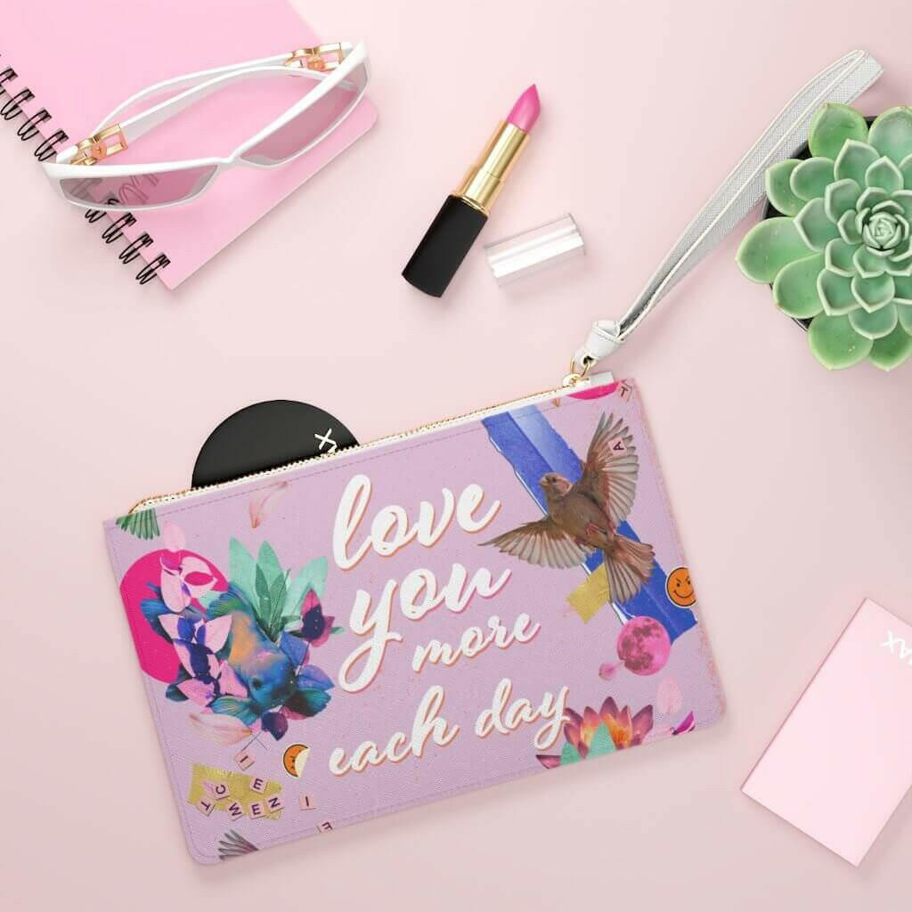 Love You More Each Day Floral Designed Zipped Clutch Bag.