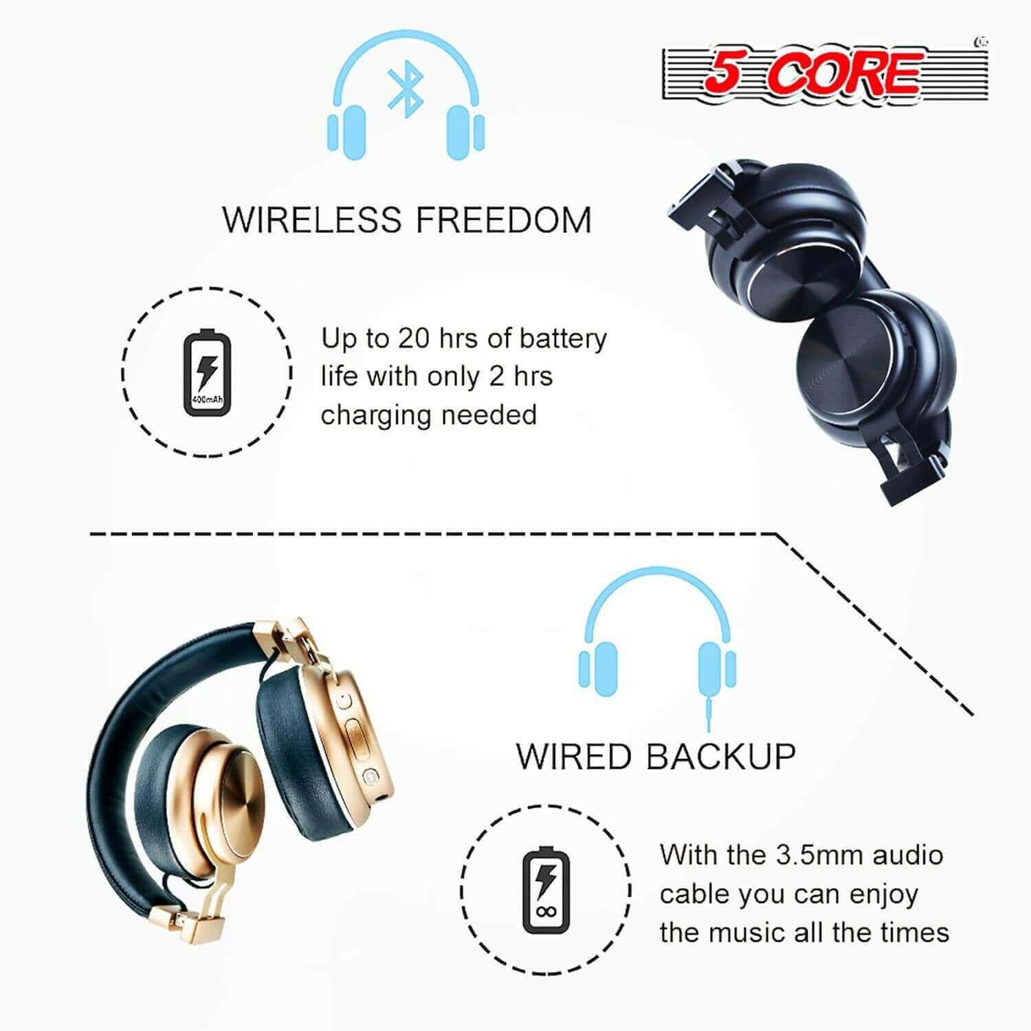 5Core Premium Headphone inbuilt Mic Over Ear Wireless Headset.