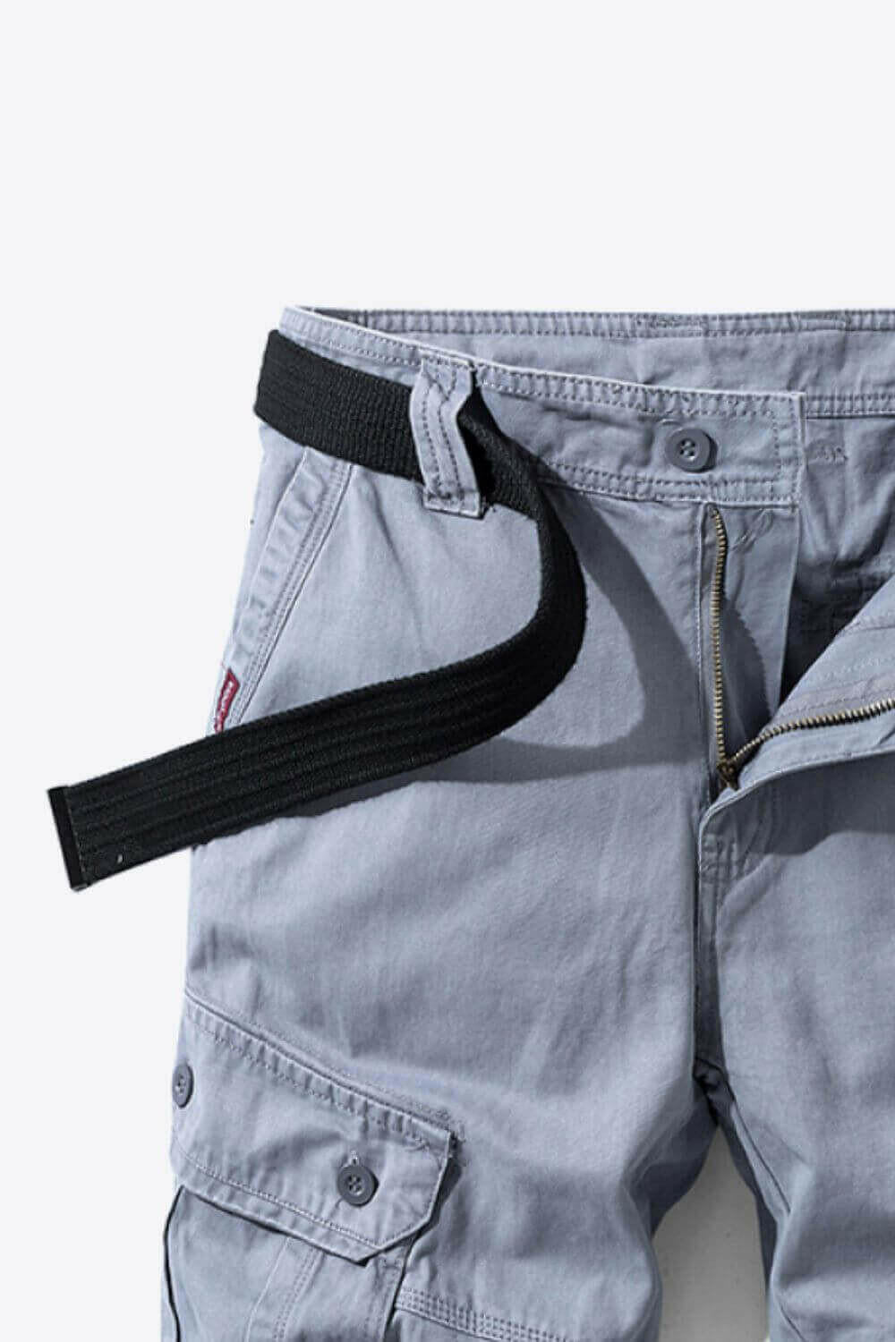 Button and Zip Closure Belted Cargo Shorts.