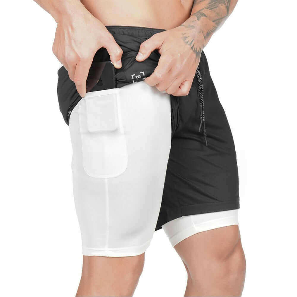 Men 2 in 1 Running Shorts Gym Workout Quick Dry Mens Short with Pocket.