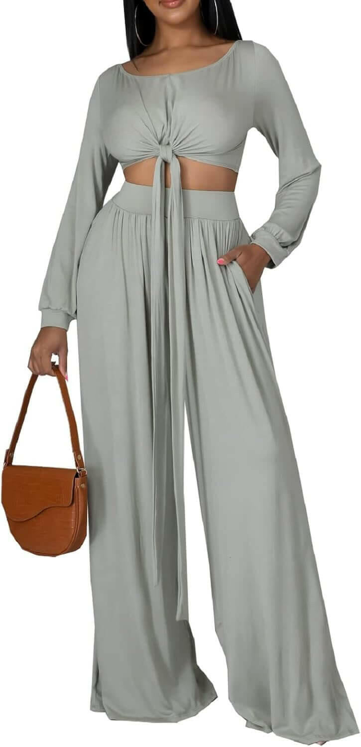 Women'S 2 Piece Outfits Sexy Long Sleeve Tunic Tops Wide Leg Palazzo Pant Set Jumpsuit Tracksuit Sweatsuits (Gray,Large)