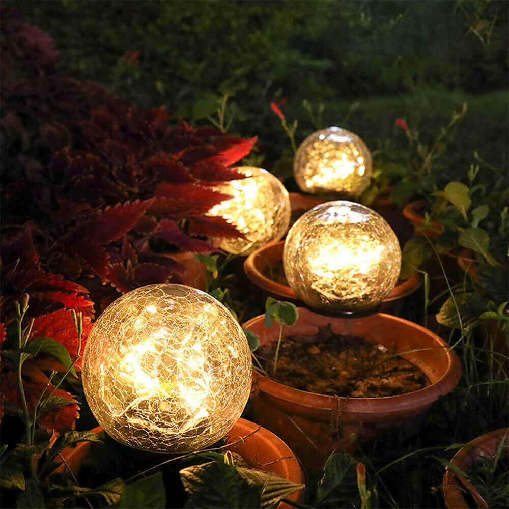 2Pcs Solar Lights Outdoor Garden Decor Cracked Glass Ball Warm Lights.