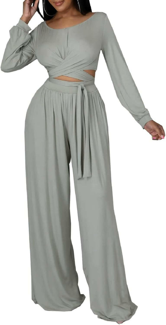 Women'S 2 Piece Outfits Sexy Long Sleeve Tunic Tops Wide Leg Palazzo Pant Set Jumpsuit Tracksuit Sweatsuits (Gray,Large)