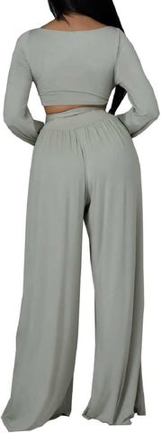 Women'S 2 Piece Outfits Sexy Long Sleeve Tunic Tops Wide Leg Palazzo Pant Set Jumpsuit Tracksuit Sweatsuits (Gray,Large)