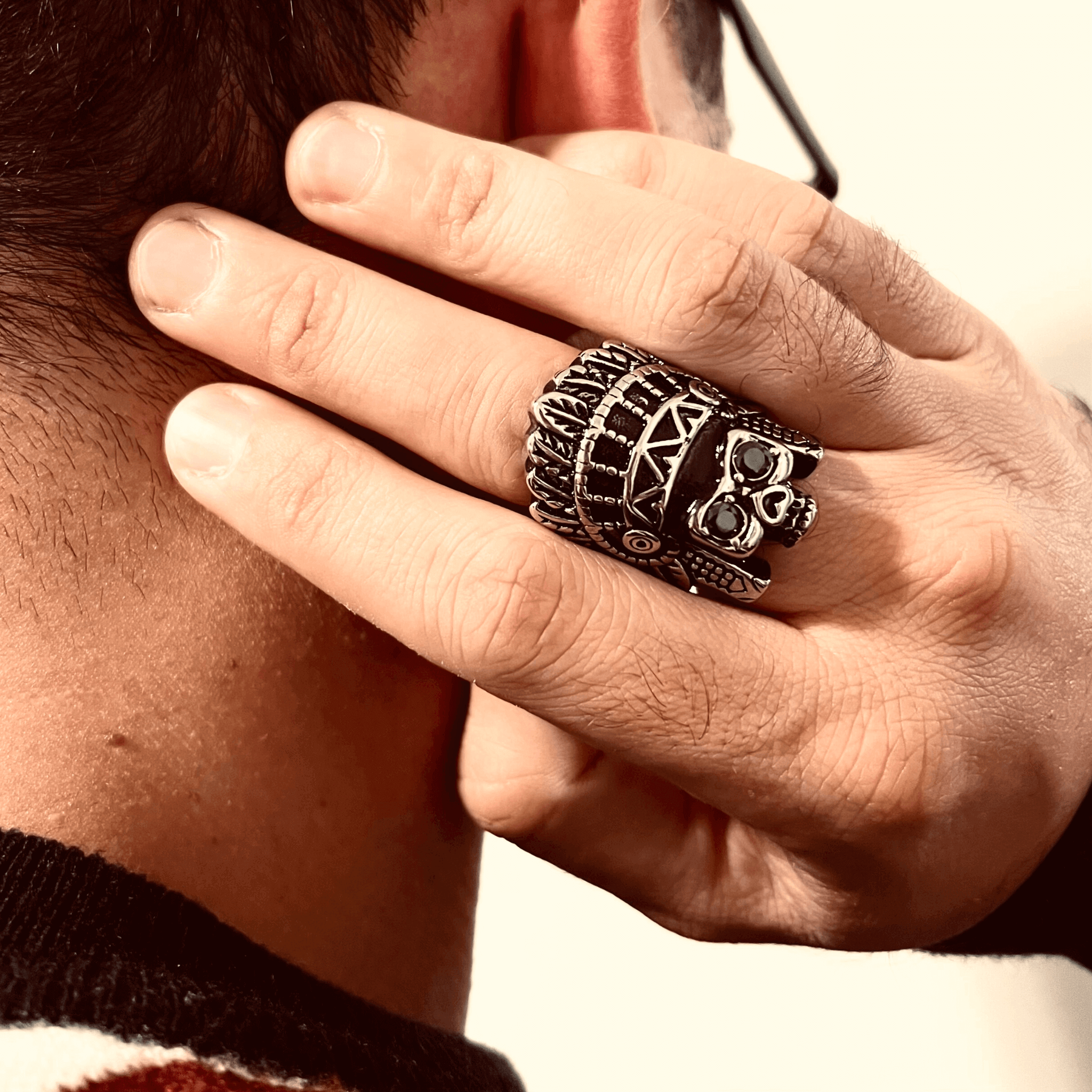 Stainless Steel Black CZ Eyed Native American Chief Skull Ring /.