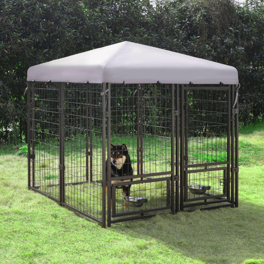 Outdoor Dog Kennel, Metal Large Dog Crates W/Canopy & 2 Rotating Feeding Doors, 4.5' X 4.5' X 4.8'