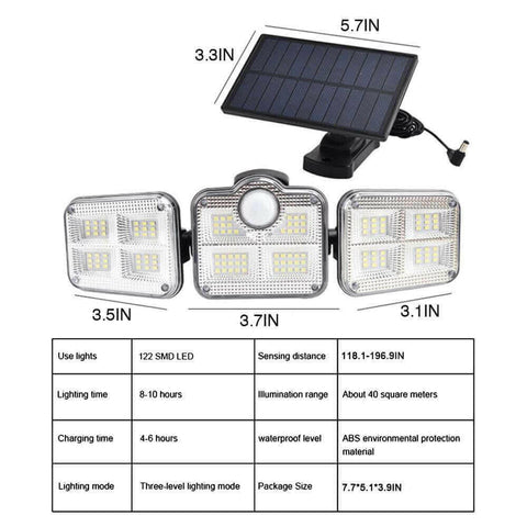 Solar Sensor Light 122 LED 3Head Outdoor Spotlight with 3 Modes.