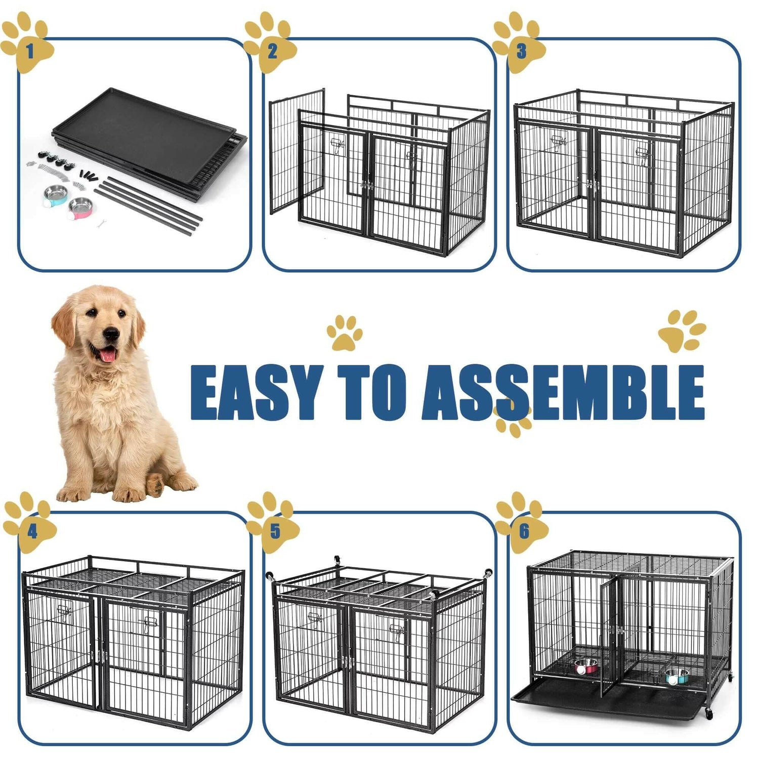 37&quot; Heavy Duty Dog Crate for Large Dogs, 2-In-1 Stackable Dog Kennels and Metal Wire Cages with Wheels,Sturdy Locks Design, Feeding Bowls,Leak-Proof Pan,Double Door and Removable Tray Design