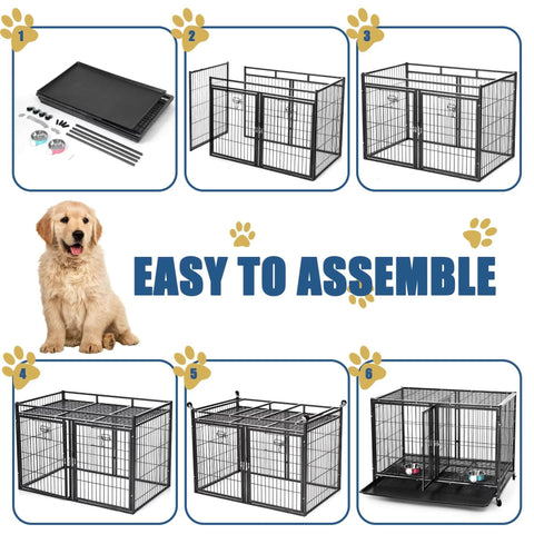 37" Heavy Duty Dog Crate for Large Dogs, 2-In-1 Stackable Dog Kennels and Metal Wire Cages with Wheels,Sturdy Locks Design, Feeding Bowls,Leak-Proof Pan,Double Door and Removable Tray Design