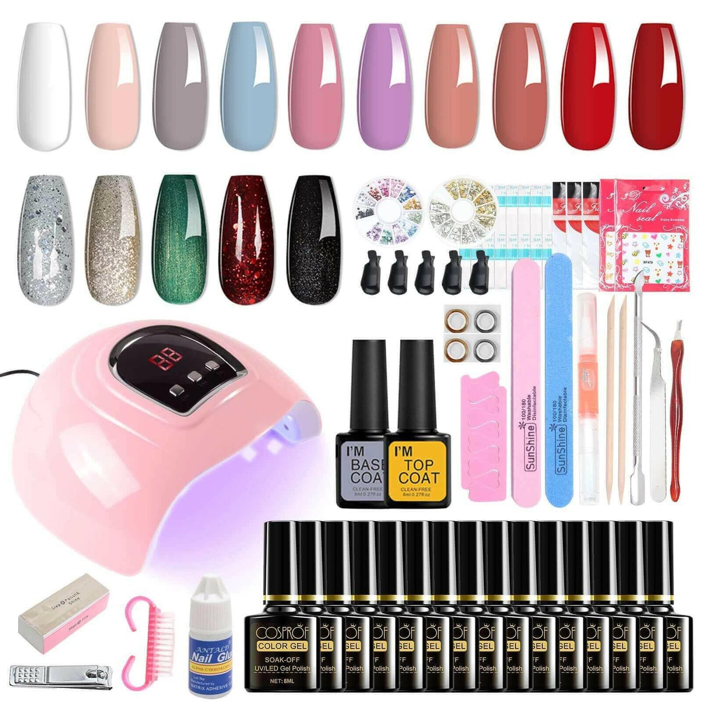 36W 18LED Nail Lamp Gel Nail Polish Starter Kit Manicure 15 Colors.