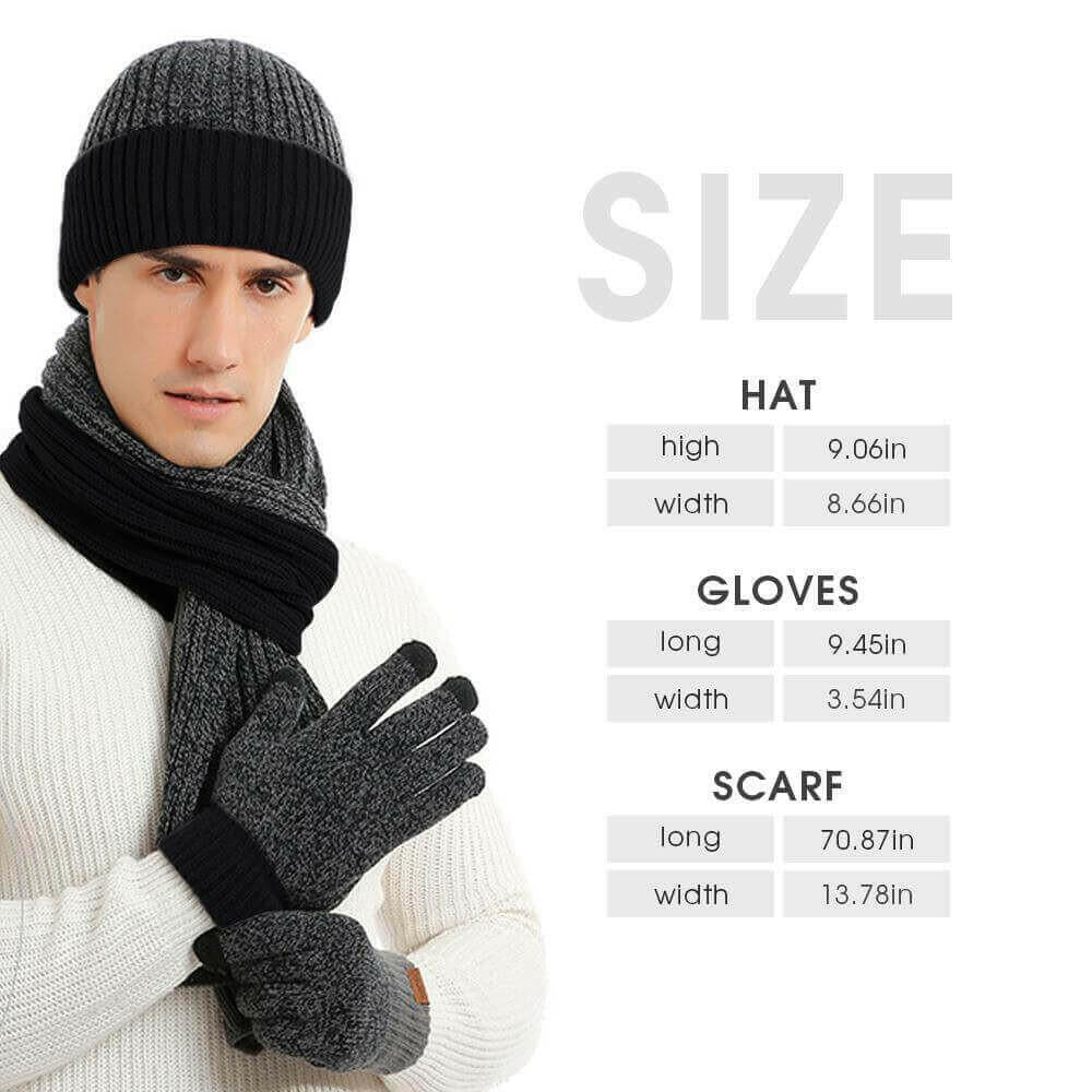 3Pcs Winter Scarf Hat Gloves Kit Beanie Hat & Long Scarf & Gloves Gift.